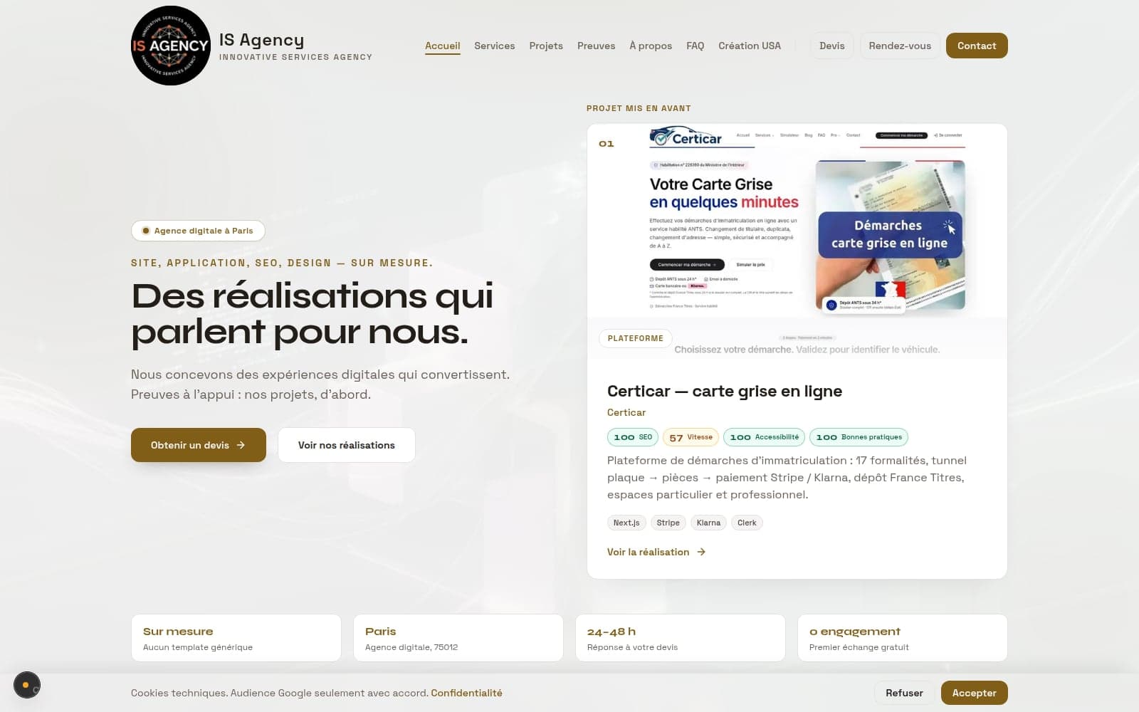 Page d’accueil du site IS Agency