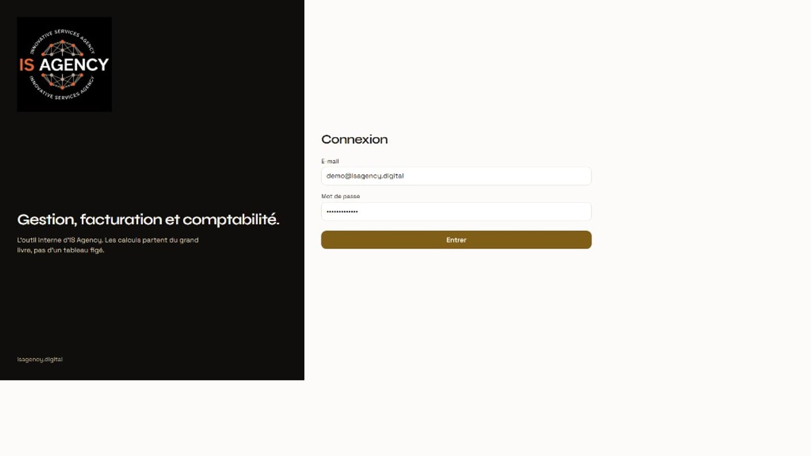 Connexion — panneau encre, logo IS Agency, bouton or.
