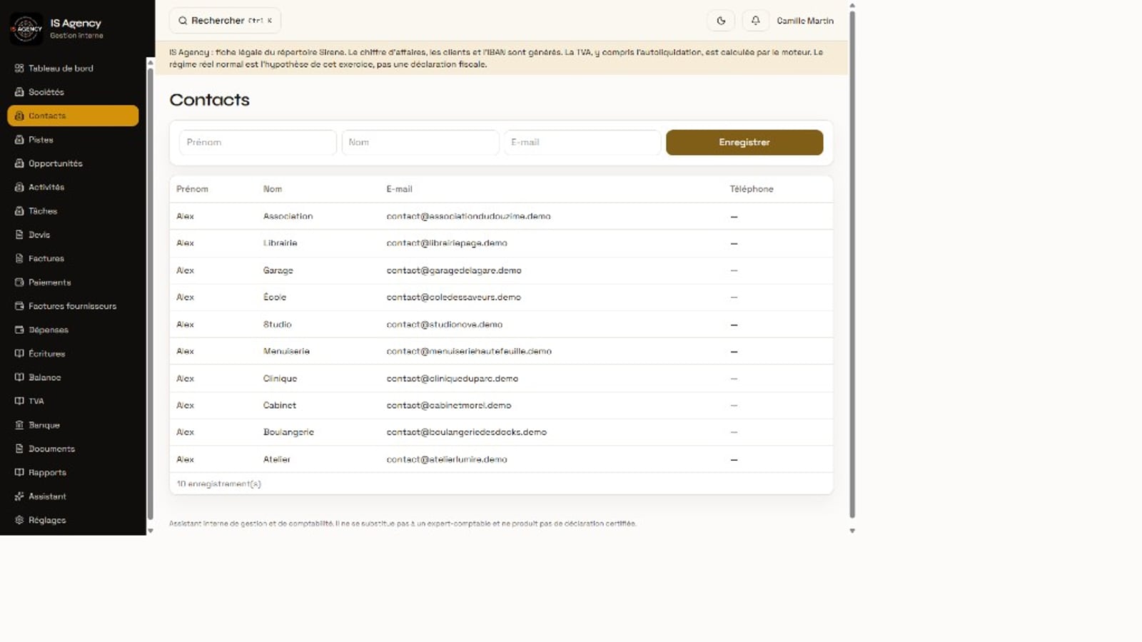 Contacts rattachés aux sociétés.