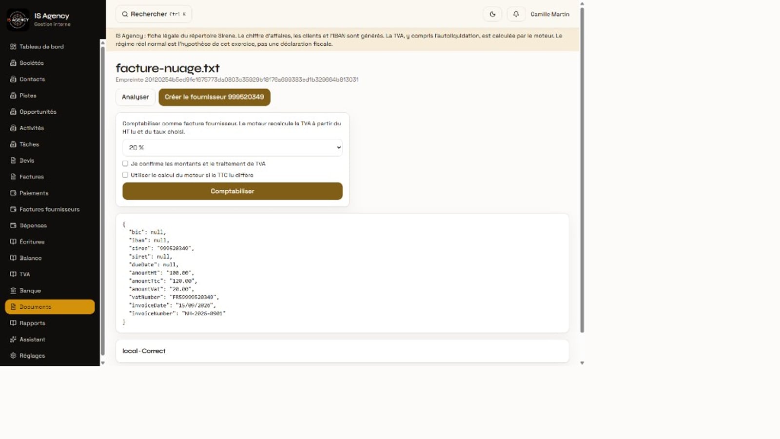Import d’une facture — comptabilisation seulement après confirmation.