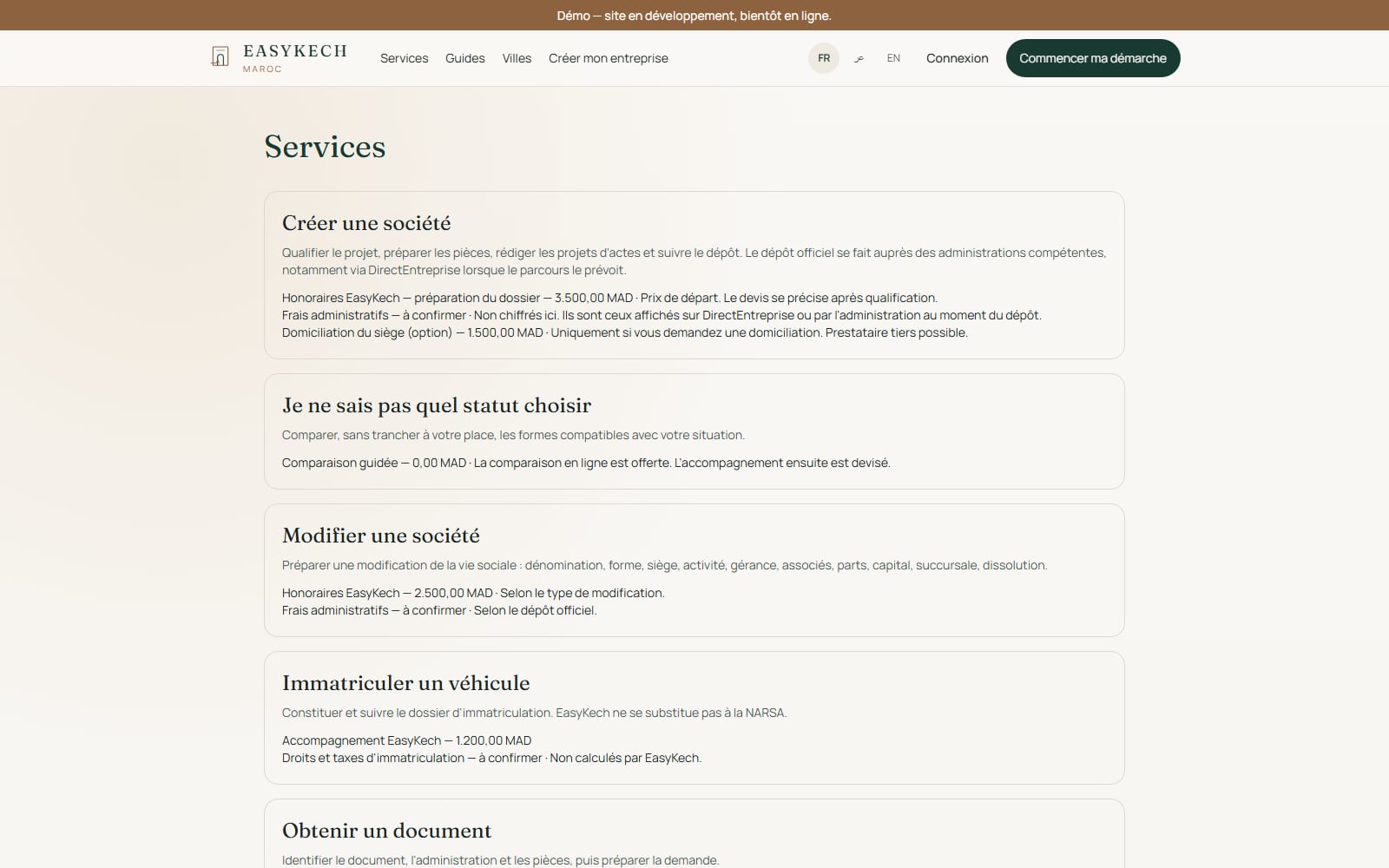 Services — création de société, pièces et suivi du dossier.