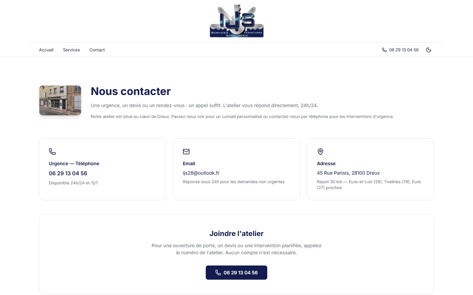 Contact — appel direct, atelier 45 Rue Parisis.
