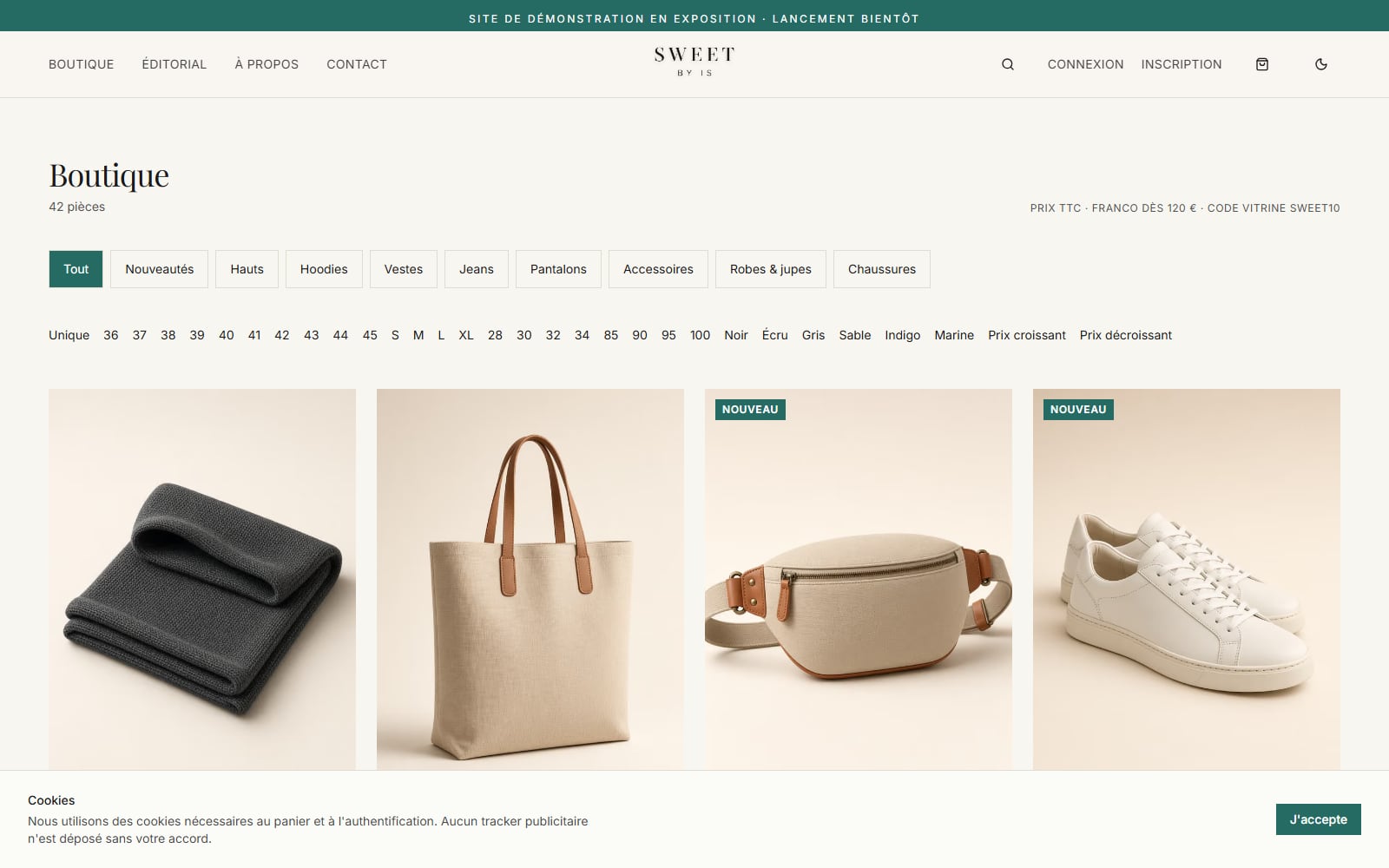 Boutique — 42 pièces, filtres, nouveautés.