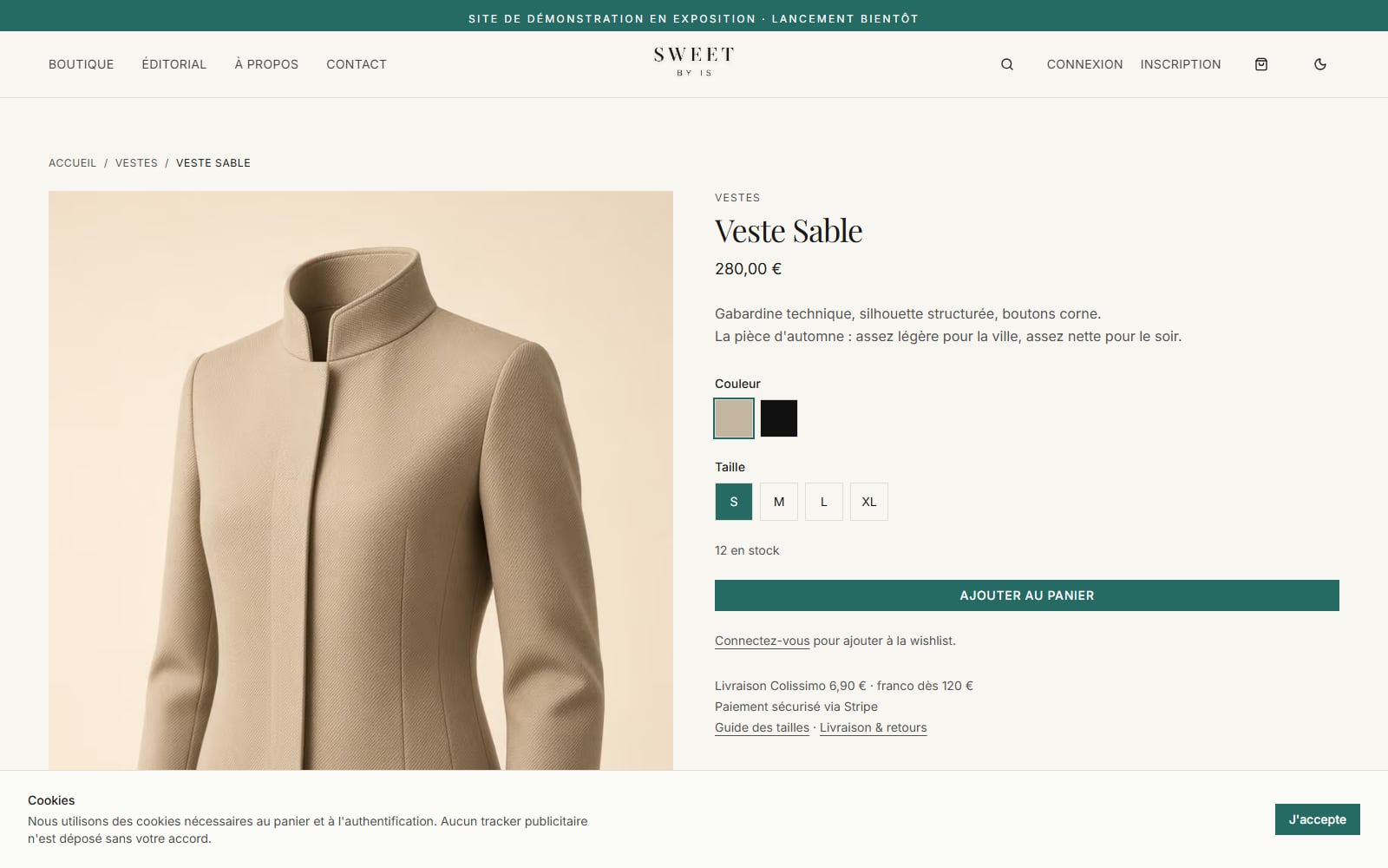 Fiche produit — Veste Sable, tailles, paiement Stripe.